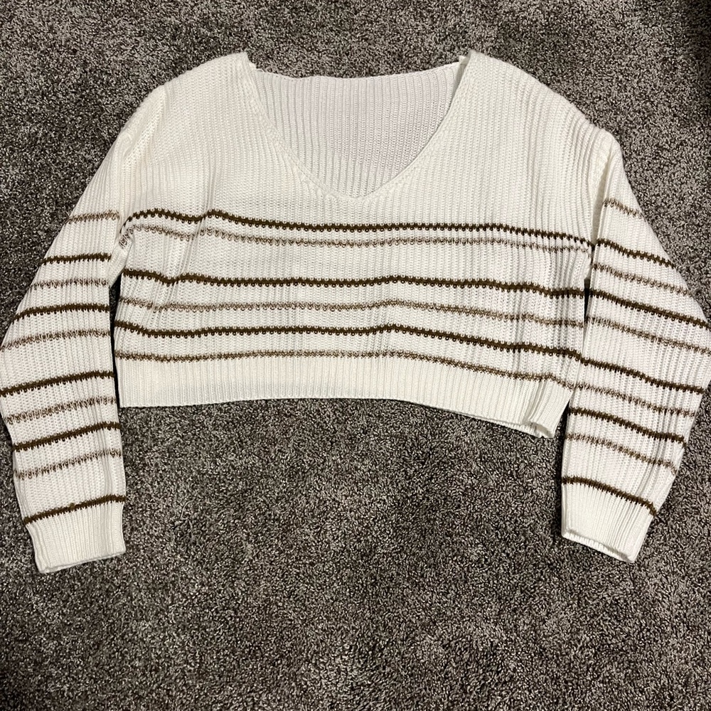 SHEIN Cream and Brown V-Neck Cropped Sweater